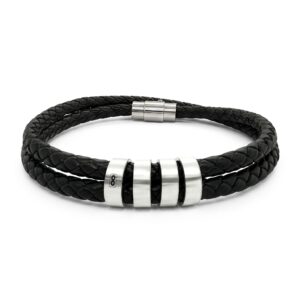 Men's Black Braided Leather Bracelet with Stainless Steel Beads — Engravable Accent